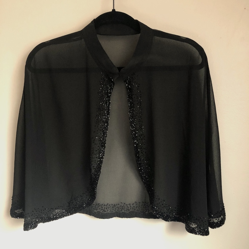 Black Chiffon Beaded Embellishments Cocktail Dress Cape